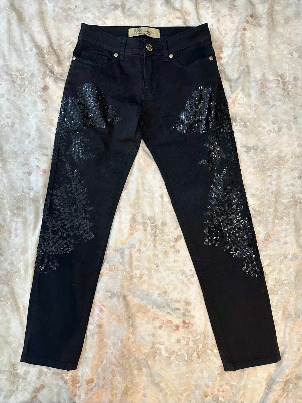 Blumarine Black Skinny Jeans with Sequin Floral Panels